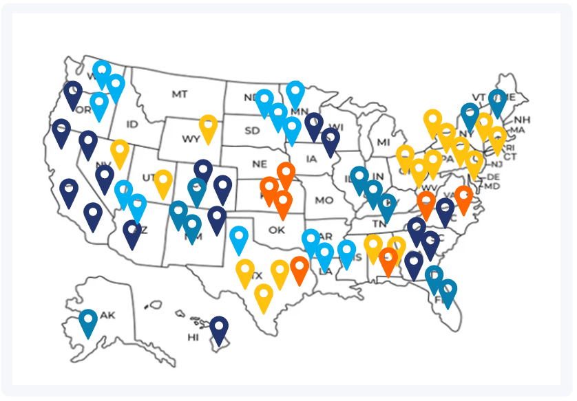 A map of the United States dotted with example WinBin venue locations